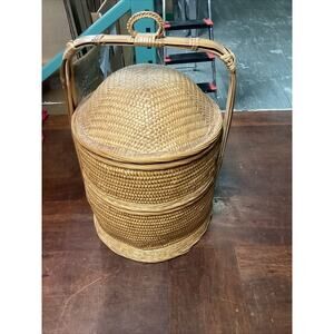 Chinese 2 Tier Wedding Basket Bamboo Rattan 18" Tall
